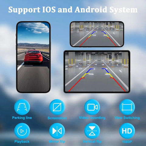 Magnetic Solar Wireless Backup Camera With Rechargeable Battery IP69 Weatherproof Build 1080p Night Vision And Drop In Ready Gear displayed on smartphones showing view options.