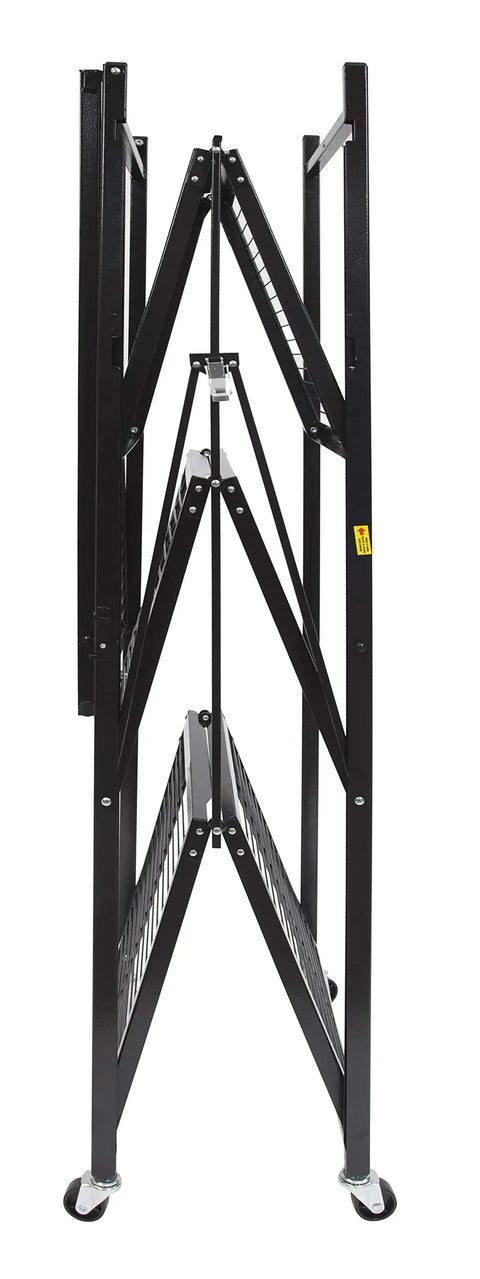 Straight Up Heavy Duty 4 Tier Foldable Steel Storage Rack In Black, viewed from the side, showcasing its foldable design and sturdy frame.