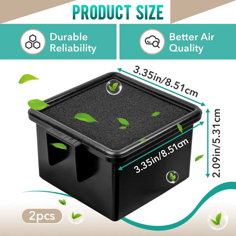 Square foam filter with dimensions 3.35in x 3.35in x 2.09in shown with leaves and text promoting durability and air quality.