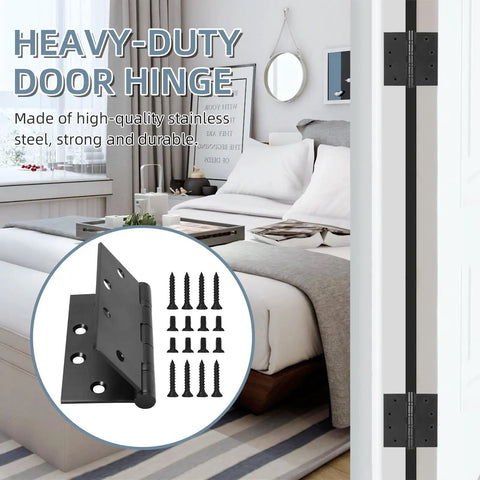 Heavy Duty 4 Point 5 Inch Ball Bearing Door Hinges With Square Corners Matte Black Finish Six Pack displayed in a modern bedroom setting.