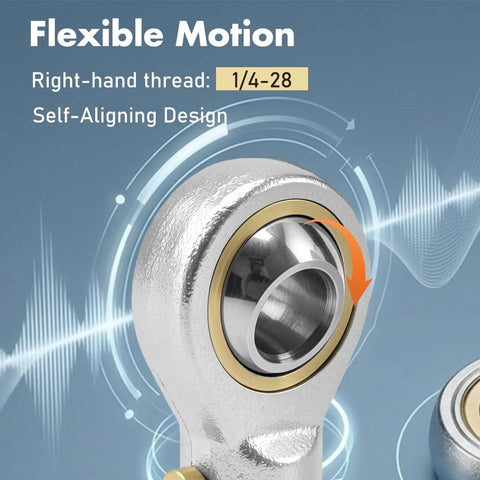 Four Pack PHSB4 Steel Rod End Bearings With 1/4 Inch Bore And 1/4-28 Right Hand Female Thread Pre Lubricated For Hydraulic Cylinders Cnc Machines Runs Sweet As Corn And Crushes Heavy Shop Tasks Like A Champ showing right-hand thread and self-aligning design.