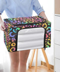 Hella Roomy Foldable Storage Bin With Clear Front Window And Top Front Twin Zippers Built Tough Steel Rod Support Real Sturdy Home Organizer in leopard print.