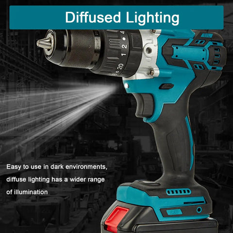 Cordless Drill Driver Set With Two Rechargeable 1500 Mah Batteries And Bright Led Work Light Plus Heavy Duty Carry Case, showcasing diffuse lighting feature.