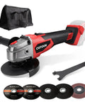 Heavy Duty Brushless Cordless Angle Grinder 4 1/2 Inch With 10000 Rpm Motor Built For Tough Cuts And Grinds with five discs and bag.