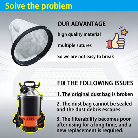 Durable HEPA Cloth Bag Liner For Backpack Vacuums 2 Pack with high-quality material and tight seals displayed with vacuum issues.