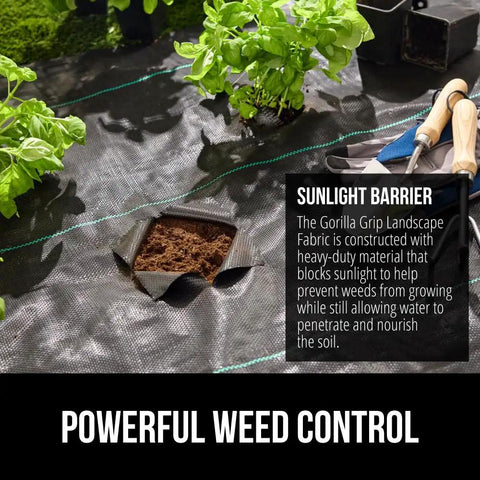Heavy Duty Weed Barrier Fabric 4 Ft By 50 Ft Durable Woven Ground Cover with plants and tools for garden beds.