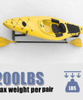 Heavy Duty Wall Mount Kayak Rack For Garage With Rock Solid Steel Kayak Storage Hangers Holding Up To 200 Pounds, yellow kayak mounted.