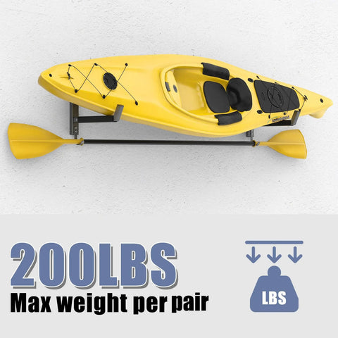 Heavy Duty Wall Mount Kayak Rack For Garage With Rock Solid Steel Kayak Storage Hangers Holding Up To 200 Pounds, yellow kayak mounted.