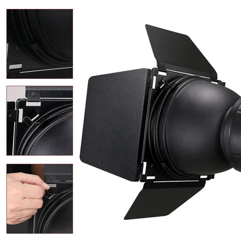 Close-up of Heavy Hitter Seven Inch Barn Door Lighting Kit With Adjustable Honeycomb Grid and Four Pumped Up Color Gel Filters on studio flash head.