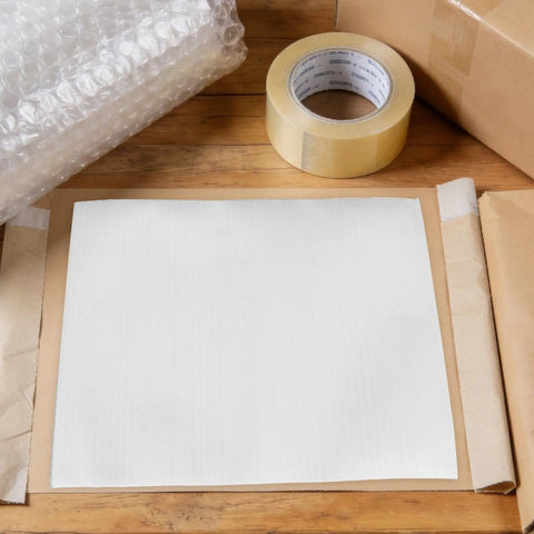 No Sweat Moving Heavy Duty Epe Foam Cushioning Pouches For Moving And Shipping 100 Pieces laid out with packing tape and bubble wrap.