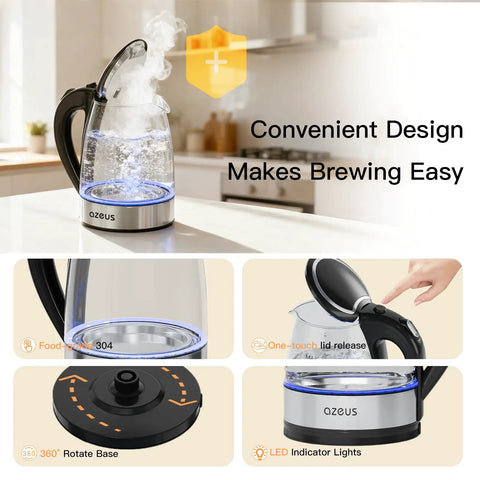 Fast 1800W Electric Kettle With 1.8L Capacity Double Wall Anti Scalding BPA Free White Tea Kettle Quick Boil In Minutes Keeps Water Hot Longer Auto Shut Off in use with LED indicator lights and convenient design features.
