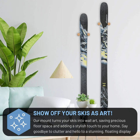 Solid Wood Ski Wall Mount Rack That Shows Off Your Boards As Dope Home Decor While Saving Valuable Floor Space And Keeping Your Alpine Gear Looking Sharp And Well Organized Year Round in a modern living room with plants.