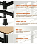 Enhanced features of Rock Solid Five Tier Metal Storage Shelves Seven Foot Tall Garage Shelving, showing adjustable holes and rubber pads.