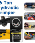 Six images showcasing the 16 Ton Hydraulic Wire Lug Terminal Crimping Tool With 11 Dies YQK 300 for various cable applications.