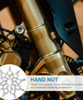 Premium Heavy Duty Steel Wing Nuts For Hurricane Shutters 20 Pack With 18 Tooth Grip installed on a motorcycle frame.