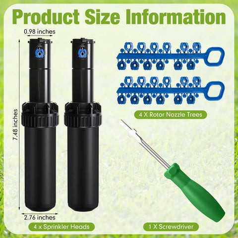 Knockout Pack Slick Gear Drive Pop Up Sprinkler Heads Compatible With Standard Irrigation Systems Including Solid Metal Screwdriver Tool And Targeted Curtain Nozzles For Hella Even Lawn Hydration And Quick Weekend Backyard Upgrades, showing dimensions and included tools.