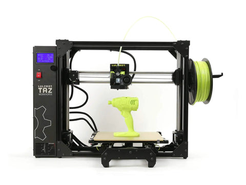 TAZ Workhorse Pro 3D Printer With Premium E3D Hot End And Belt Driven Z Axis printing a green gun model on its build plate.