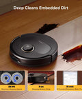 roborock Qrevo S5V robot vacuum and mop, front view, black round unit on wood floor