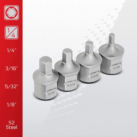 Stubby Low Profile SAE Hex Bit Socket Set 9 Piece In One Eighth To Nine Sixteenths Inch S2 Steel with four sockets size 1/8 to 1/4 inch