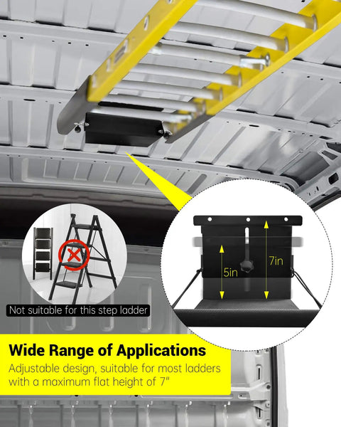 Heavy Duty Van Interior Ladder Storage Holder Overhead Truck Trailer Roof Rack Organizer Space Saving Gear Mount with adjustable design for ladders.