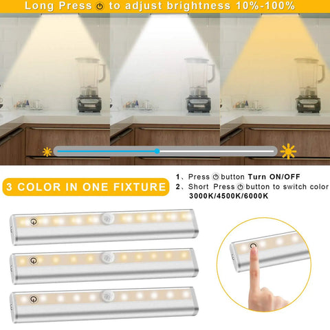 Three color modes of Six Pack Wireless Under Cabinet Lights With Remote Control displayed under kitchen cabinets.
