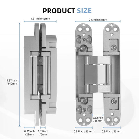 Heavy Duty Hidden Door Hinges Silver 4 Pack 6 Inch Concealed Cabinet Hardware shown from front and side with size measurements.