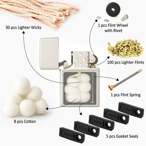 Universal Lighter Repair Kit For Zippo And Kerosene Models featuring 30 lighter wicks, 100 flints, and cotton pads.