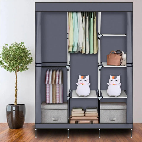 Portable Closet Wardrobe Organizer With Dustproof Cover Freestanding Storage Rack Hella Spacious Clothes Armoire For Dorm Or Apartment Straight Up Easy Pop Up Build Grey showcasing grey design with clothes, shelves, and plush toys.
