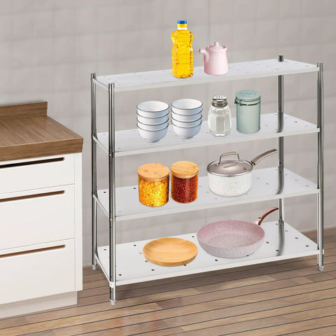 Heavy Duty Stainless Steel Four Tier Adjustable Pantry Shelf Rock Solid Freestanding Metal Storage Rack For Kitchen And Garage Organization with bowls and jars.