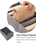 Nine Compartment Fabric Drawer Organizers Designed For Sick Bedroom Storage Setup, grey fabric organizer with folded clothes.