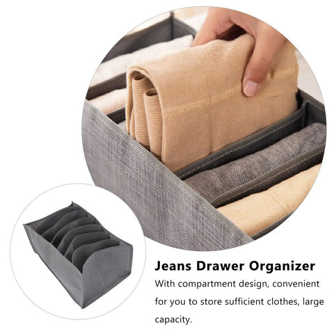Nine Compartment Fabric Drawer Organizers Designed For Sick Bedroom Storage Setup, grey fabric organizer with folded clothes.