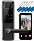 Slick Wifi Video Smart Lock With Integrated Camera And Audio Alert Hella Secure Fingerprint Keypad setup, showing keypad and phone display.