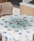 Game Changer Lazy Susan Serving Tray With Whisper Smooth Tempered Glass Top and Beefed Up Aluminum Bearing Base For No Sweat Dining Table Sharing and Hassle Free Entertaining Size Thirty Five Inches Wide on a patterned table.