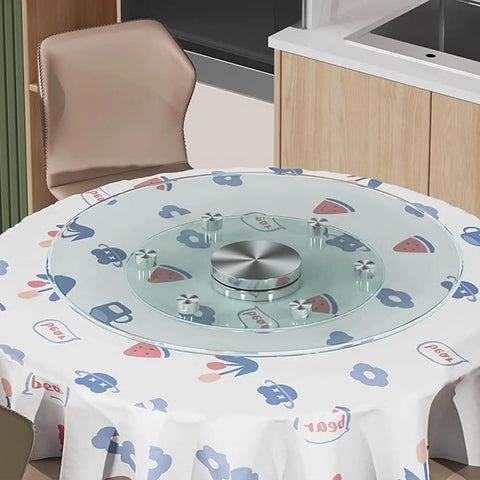 Top Notch Large Round Lazy Susan Turntable For Party Banquets And Dinner Gatherings on a table showing smooth rotating glass surface.