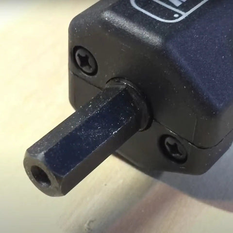 Close-up of 6 sided hex shank on Right Angle Drill Attachment With 3 Eighth Inch Chuck And 6 Sided Hex Shank, 90 Degree Drilling Adapter