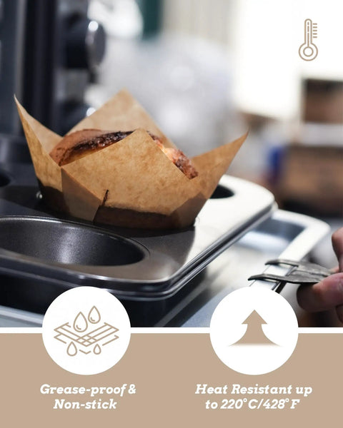 200 Pack Natural Tulip Cupcake Liners Unbleached Baking Cups for Standard Muffin Pans holding a freshly baked muffin.