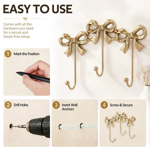 Heavy Duty Gold Bow Knot Wall Hooks Dope Brass Triple Coat Hanger mounted on wall with installation steps displayed.