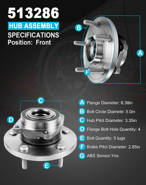 Detailed specifications of Two Piece Front Wheel Bearing Hub Assembly Set Compatible With Dodge Journey 2009 To 2020, showing dimensions and ABS sensor.