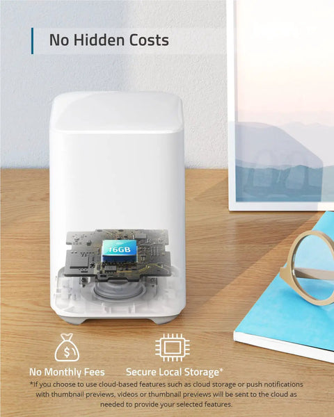 Two Camera Wireless Outdoor Security Kit, 1080p HD, secure local storage, no monthly fee, shown on a desk with 16GB card
