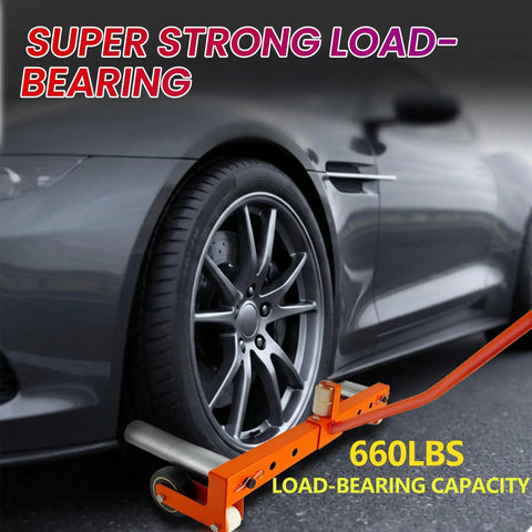Heavy Duty Rolling Tire Dolly Workhorse Hauler For Moving Truck And Trailer Wheels Smoothly Across Extra Wide Concrete Floors Forged From Heavy Steel Tubing next to a tire, exemplifying 660 lbs load-bearing capacity.