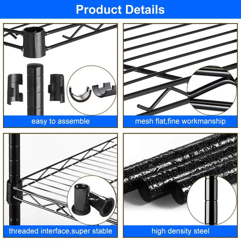 Heavy Duty Steel Wire Storage Shelving For Garage And Kitchen, 5 Shelf Adjustable Rack With 1250 Lb Capacity, connectors and shelf design details.
