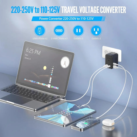 Universal Travel Adapter With Three USB Ports And One Type C Port, Worldwide AC Outlet Charger connected to devices