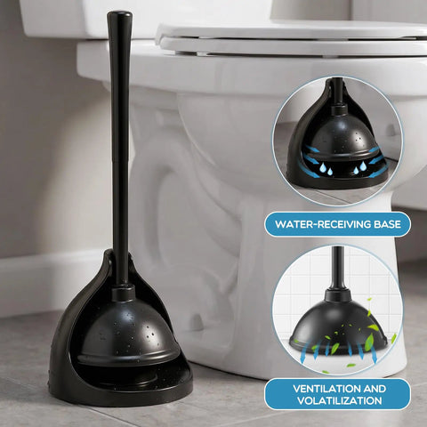 Two Pack Heavy Duty Toilet Plunger With Wall Mount Holder Commercial Grade Rubber Cup for Fast Clog Clearing and Reliable Bathroom Rescue in black holder.