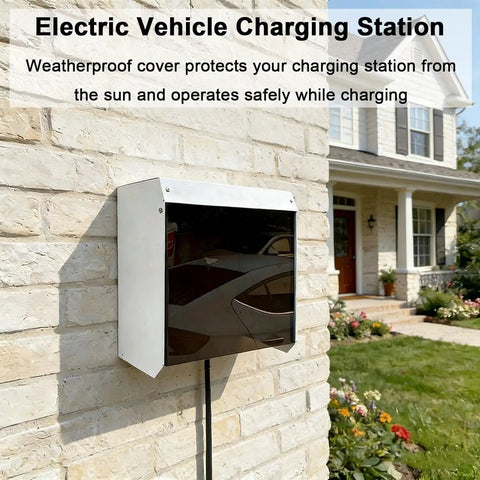 Badass Wall Mounted EV Charger Guard, All Weather Kickin Shield For Outdoor Electric Vehicle Stations, mounted on brick wall.