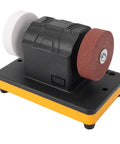 Kickass 3 Inch Cordless Mini Bench Grinder With Smooth Variable Speed Dial Reaching 2000 To 6000 RPM showing dual grinding wheels.