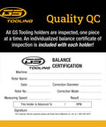 Balance certification document for GS Tooling holders, ensuring quality inspection for CAT40 ER40 Collet Chuck For CNC Milling Tools With 5 Inch Gage Length High Speed Balanced Precision No Slip Rock Solid Workhorse Build Pro Grade Rig Ready And Heavy Duty.