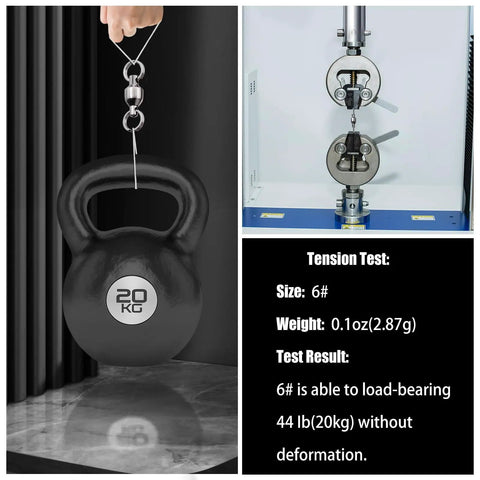 Heavy Duty Stainless Steel Ball Bearing Swivels With Split Rings For Tough Saltwater Surf Fishing Tackle Featuring Slick Six Ball Rotation and Tangle Free Operation testing with a 20 kg kettlebell.
