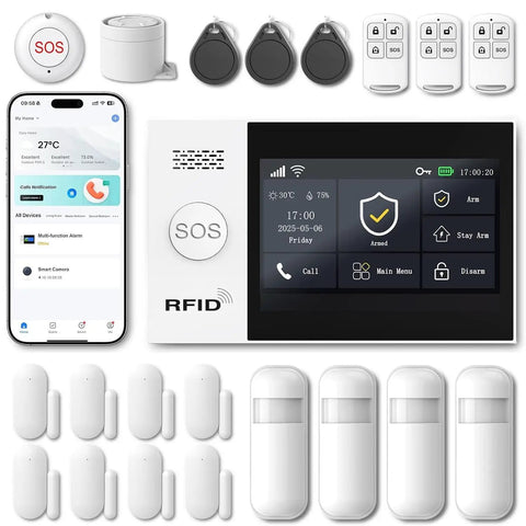 Dual WiFi And 4G Home Alarm System With 4.3 Inch Touch Screen, app alerts, sensors, RFID, remotes, and GSM backup components displayed.