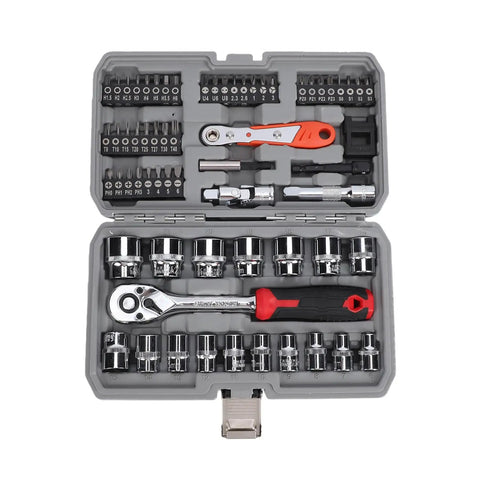 Open case of Three Eighths Inch Socket Set, Sixty-Four Piece Ratchet Wrench Kit with 72-Tooth Ratchet and Bit Driver on display.