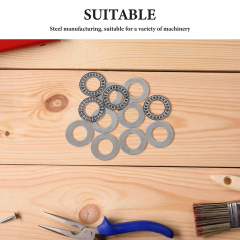 High Strength Thrust Needle Roller Bearings With Washers Set Of 4 Steel Flat Needle Roller Bushings Industrial Grade Axial Load Support Rigid Precision Zero Play Rock Solid Workhorse with flat steel washers on wood.
